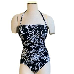 Elizabeth Stewart Vintage 60s 70s 1-Piece Swimsuit Floral S/M Black White #81E